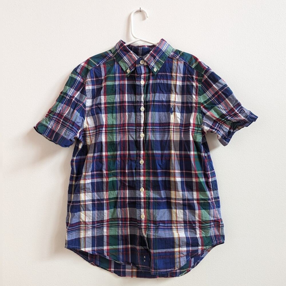 Polo Ralph Lauren Button Down Shirt Boys Sz 10-13 Blue Plaid Preppy